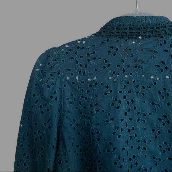 SEZANE Turquoise Blue Embroidered Eyelet Lace Button Down Cara Shirt Blouse Top - Picture 13 of 17